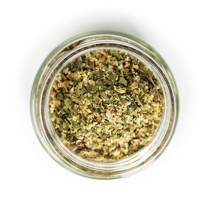 Bruschetta Verde Salz von oben ins Glas geschaut